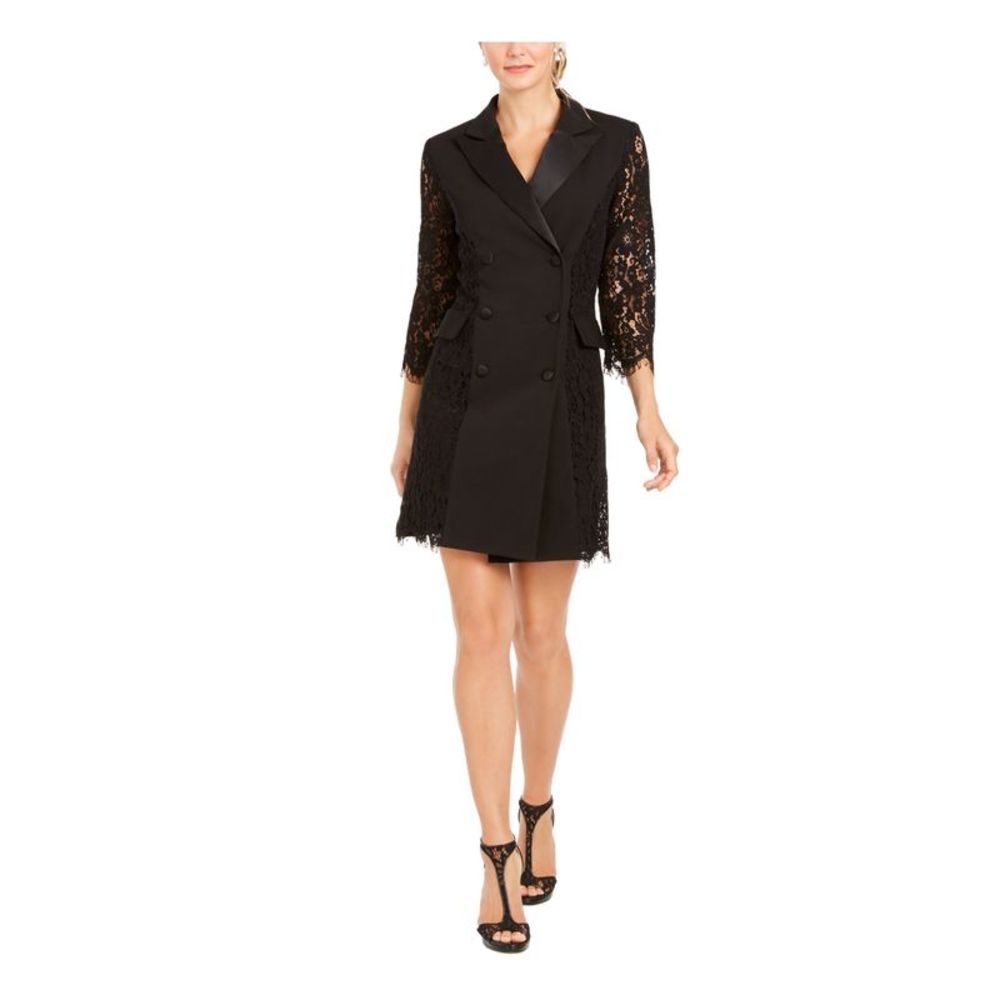 28th & Park Womens Black Lace 3/4 Sleeve V Neck Short Evening Dress 6